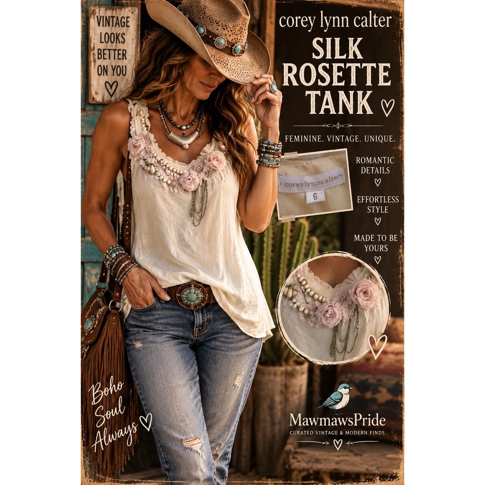 Corey Lynn Calter Silk Rosette Tank Top Cream Embellished Artwear Boho Romantic